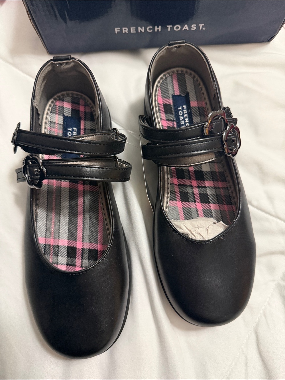 French Toast Black Girls' Double-Strap Mary Jane Shoes with Pink Plaid Insole